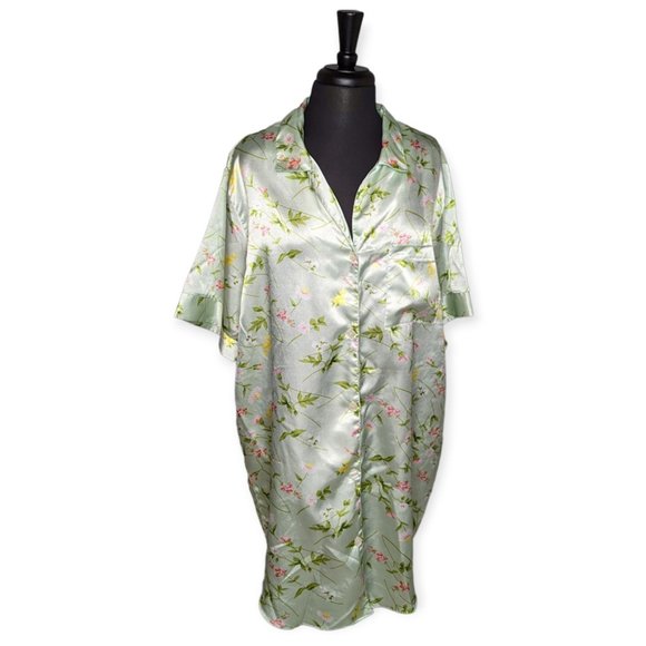 Maidenform Green Floral Satin Button Down Short Sleeve Night Shirt Size 1X - Picture 1 of 12